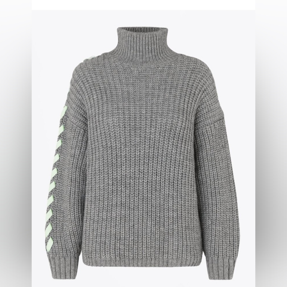 Stine Goya SUGSI 1343 FISHERMAN RIB KNIT  SWEATER WITH   RIBBONS GRAY  SZ L